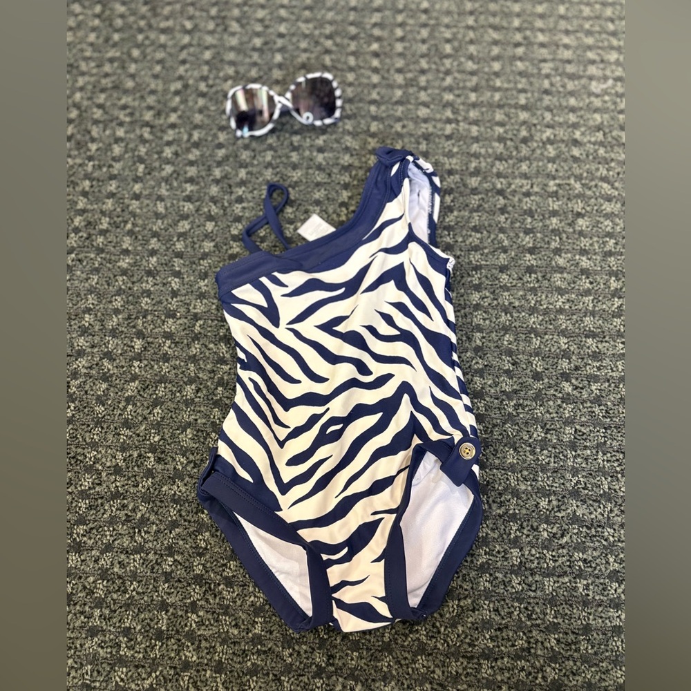 Janie and Jack Zebra Print One-Piece Swimsuit | Navy & White | 12–18 Months